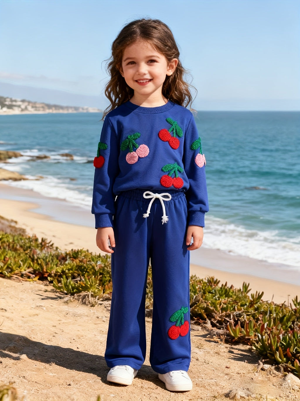 Girls' Blue Pants Set with Textured Cherry Appliques on a Crew Neck Sweatshirt and Wide Leg Trousers