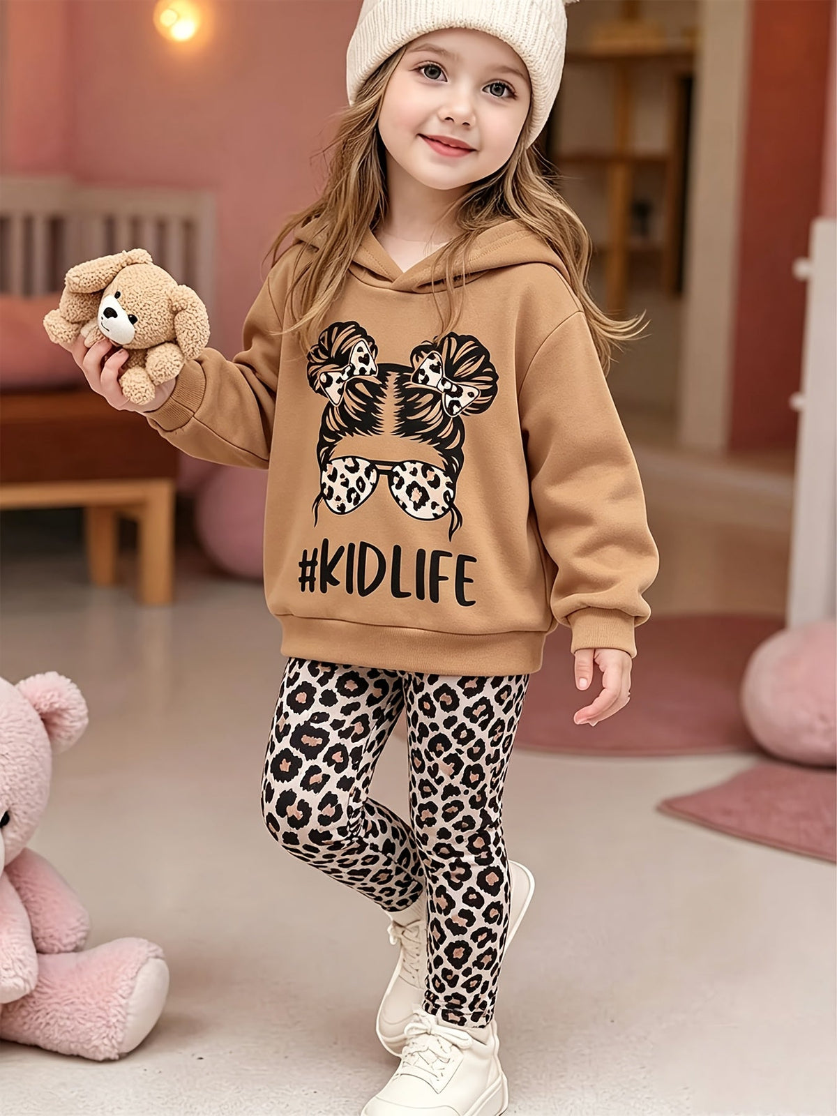 Girls' Hoodie and Pants Set with a Khaki Kidlife Graphic Top and Leopard Print Leggings for Casual Days