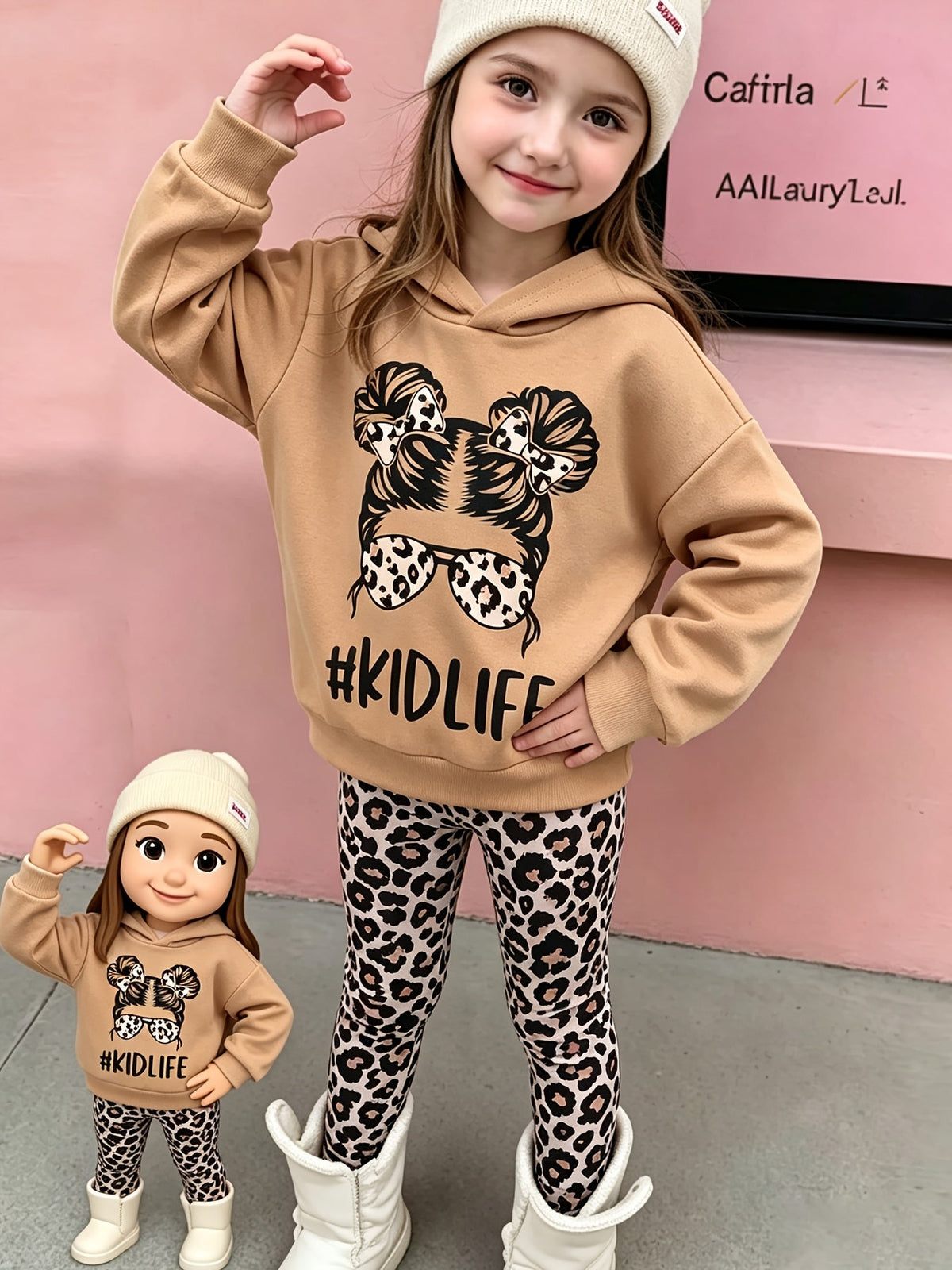 Girls' Hoodie and Pants Set with a Khaki Kidlife Graphic Top and Leopard Print Leggings for Casual Days