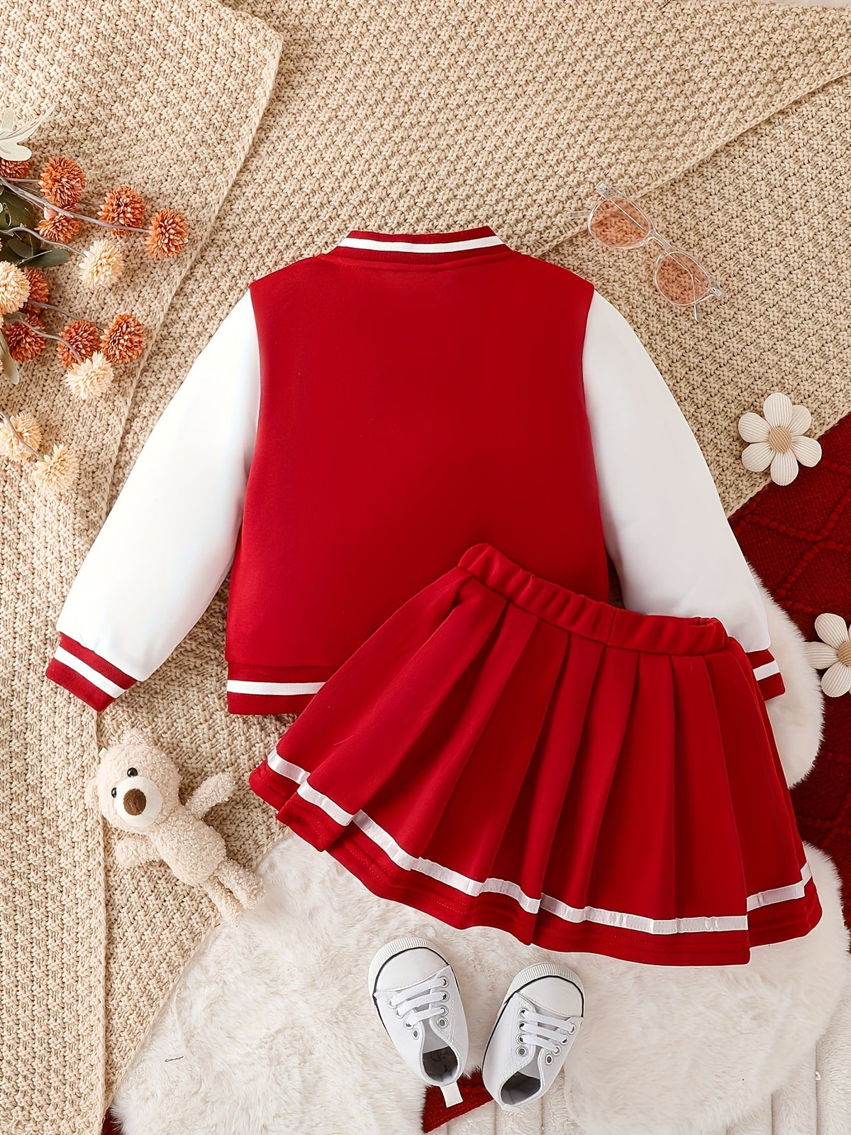 Girls' Red and White Varsity Jacket and Pleated Skirt Set with Baby Girl Lettering and Striped Trim