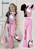 Girls' Hello Kitty T-Shirt and Flare Pants Set in Pink and Black with Short Sleeves for Everyday Outfits