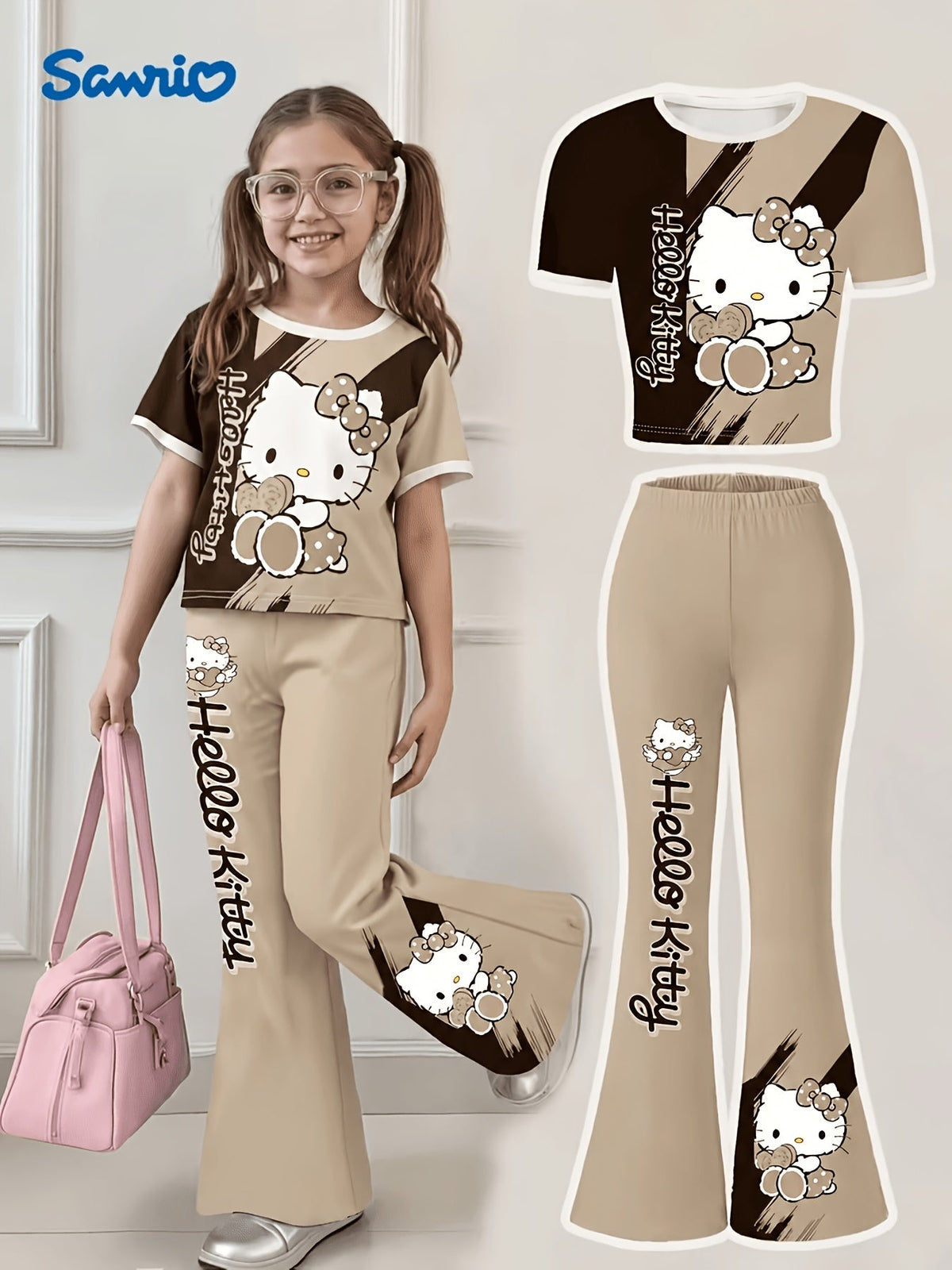 Girls' Hello Kitty T-Shirt and Flare Pants Set in Pink and Black with Short Sleeves for Everyday Outfits
