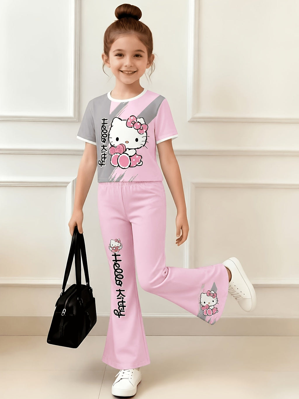 Girls' Hello Kitty T-Shirt and Flare Pants Set in Pink and Black with Short Sleeves for Everyday Outfits