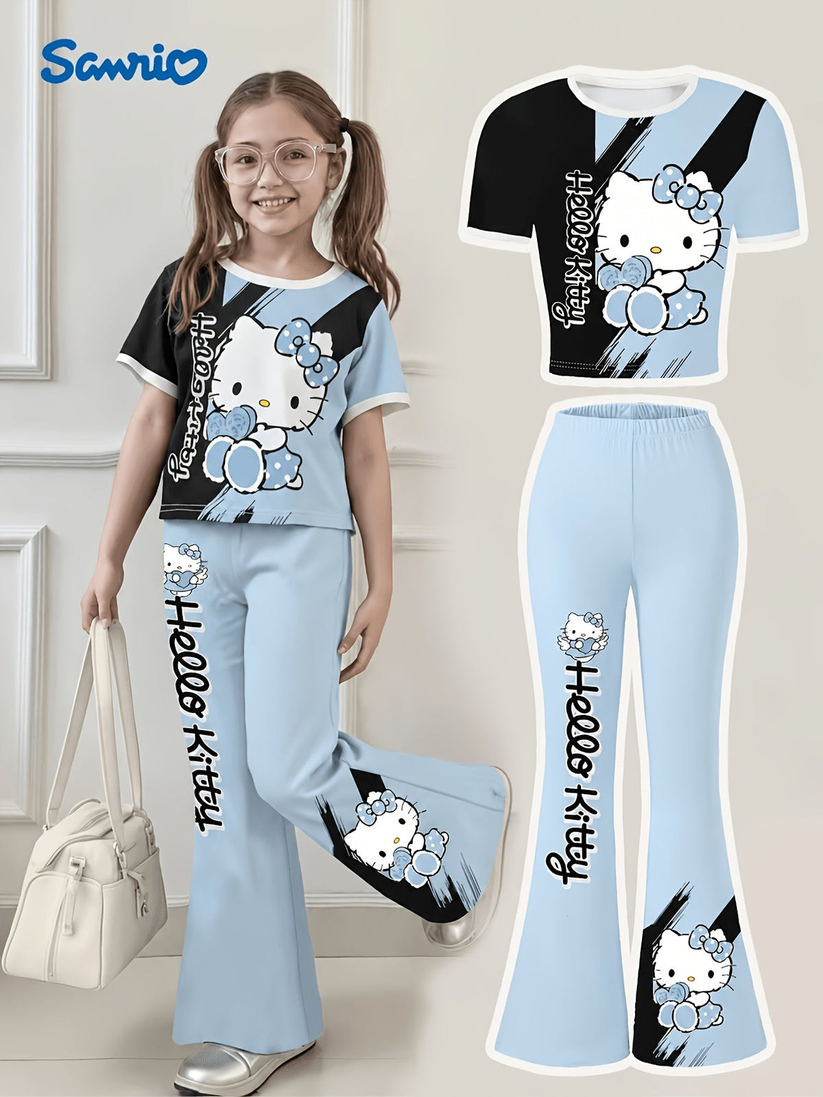 Girls' Hello Kitty T-Shirt and Flare Pants Set in Pink and Black with Short Sleeves for Everyday Outfits