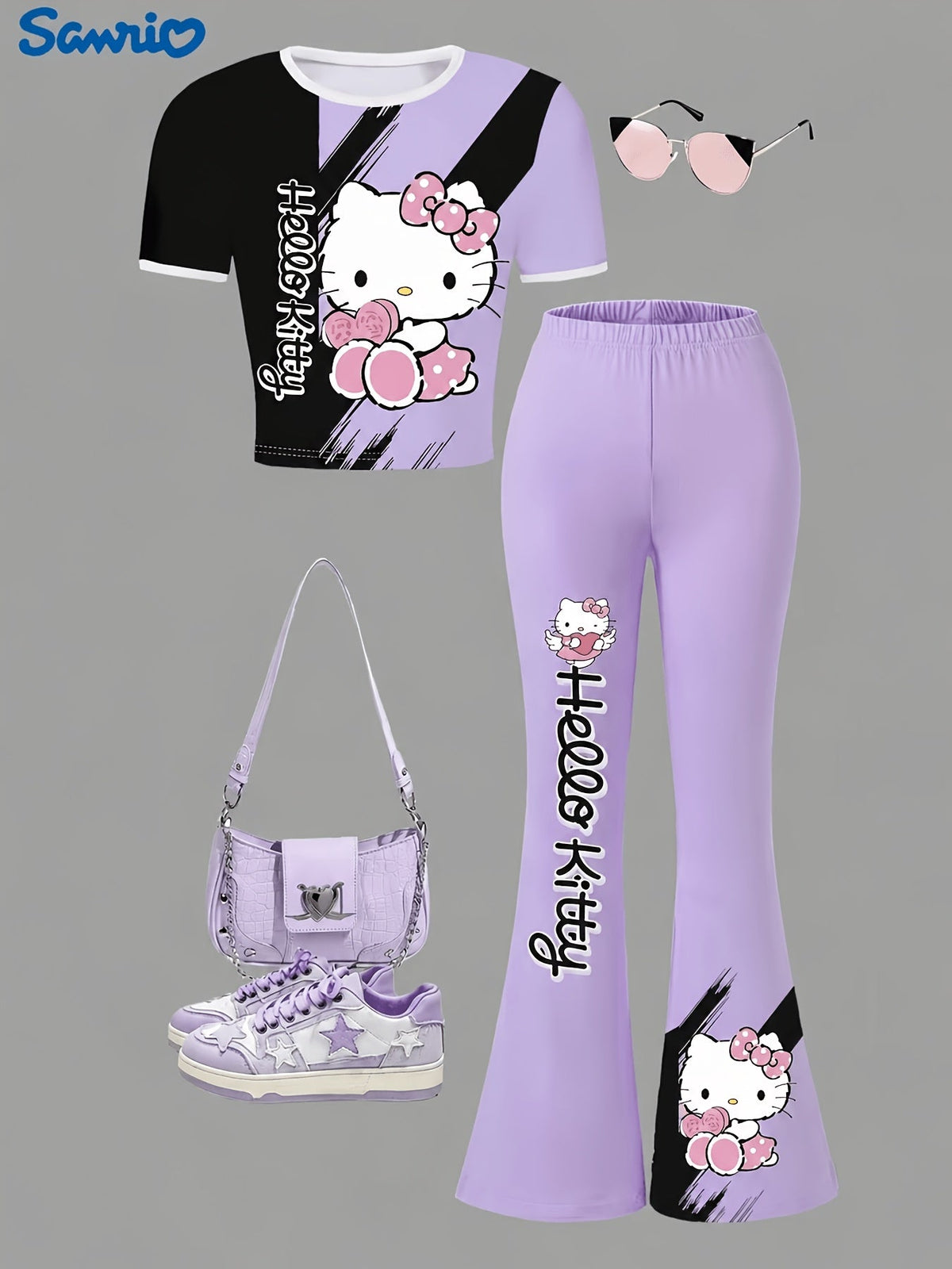 Girls' Hello Kitty T-Shirt and Flare Pants Set in Pink and Black with Short Sleeves for Everyday Outfits