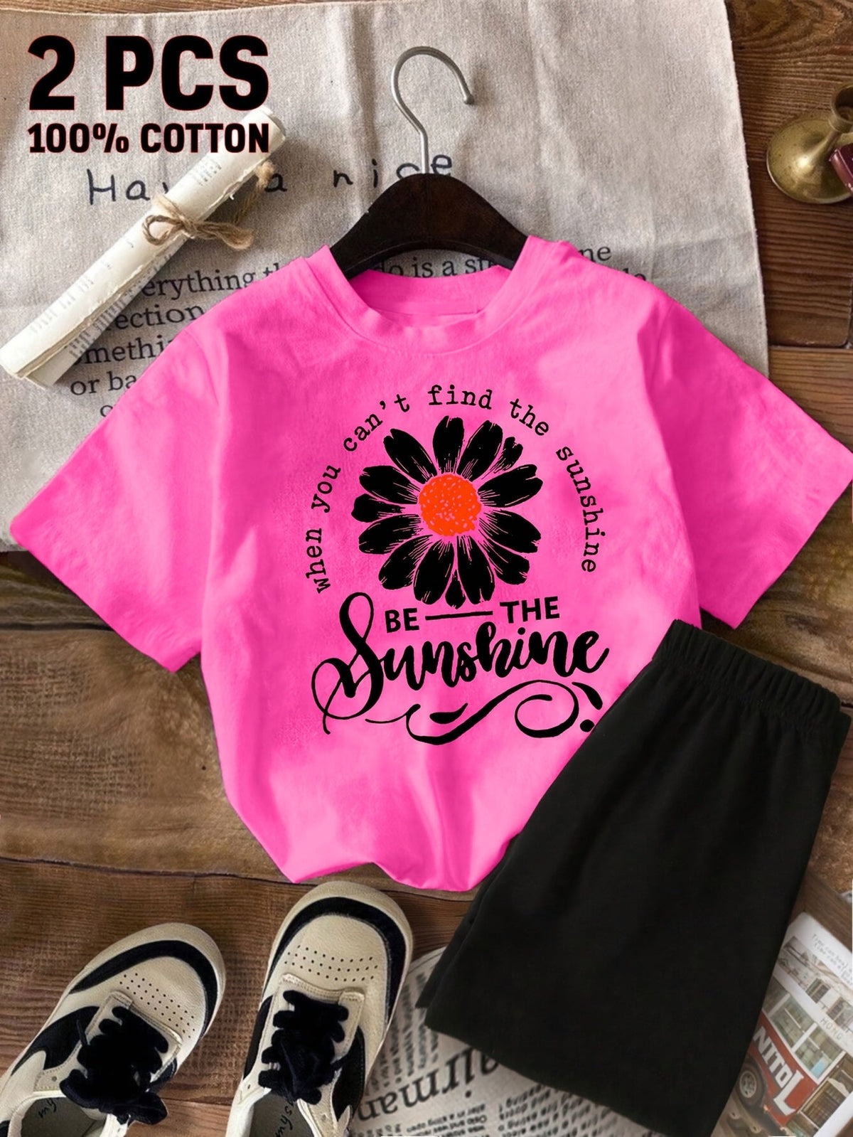Girls' Sunshine T-Shirt Shorts Set with a Daisy Graphic and Be The Sunshine Lettering for Summer Play