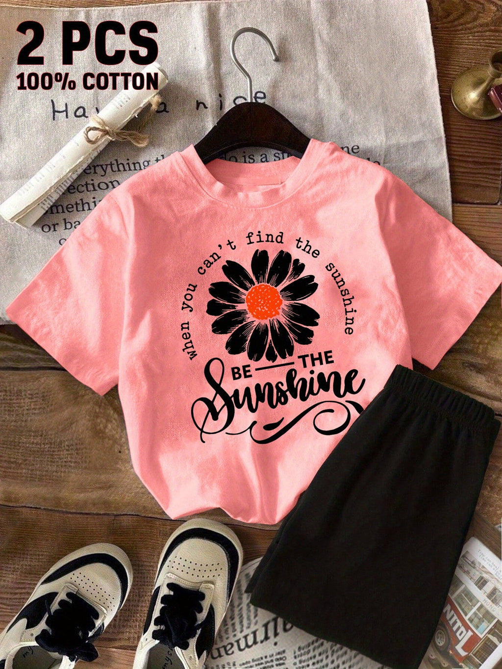 Girls' Sunshine T-Shirt Shorts Set with a Daisy Graphic and Be The Sunshine Lettering for Summer Play
