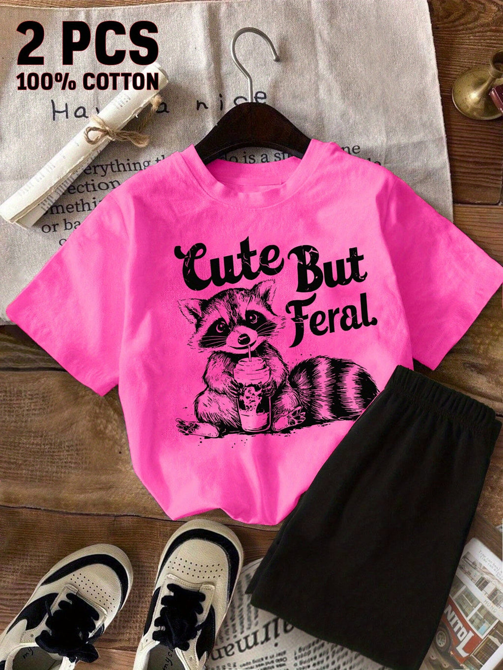 Girls' Cute But Feral Raccoon Cotton T-Shirt and Black Shorts Set in Rose Red for Summer Casual Outfits