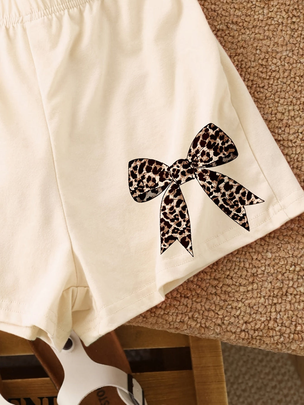 Girls' Apricot Two Piece Shorts Set with Leopard Bow Graphics and a Short Sleeve Crew Neck Top