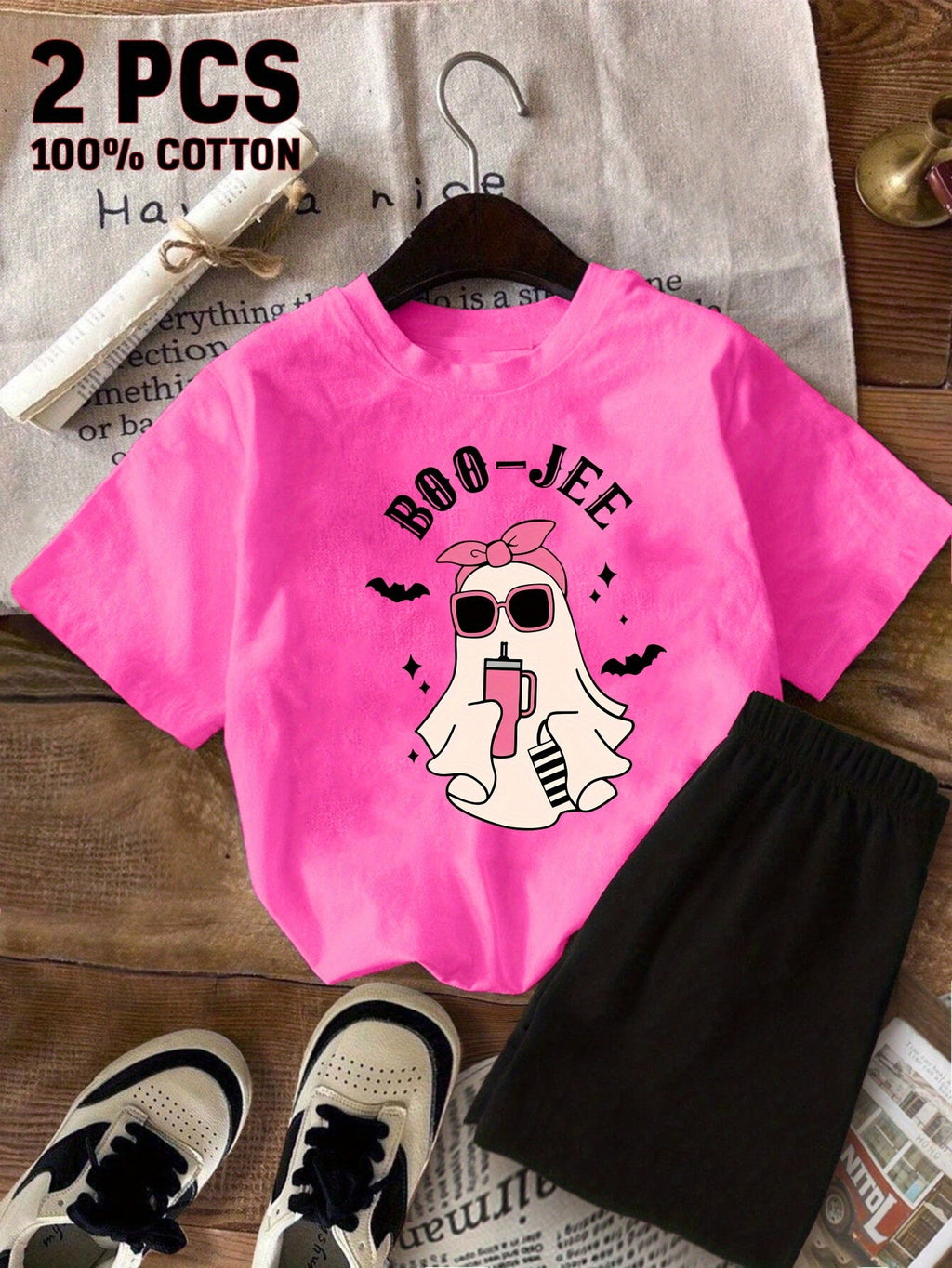 Girls' Pink Boo Jee Ghost T-Shirt and Black Shorts Set in Cotton for Halloween and Casual Play Days