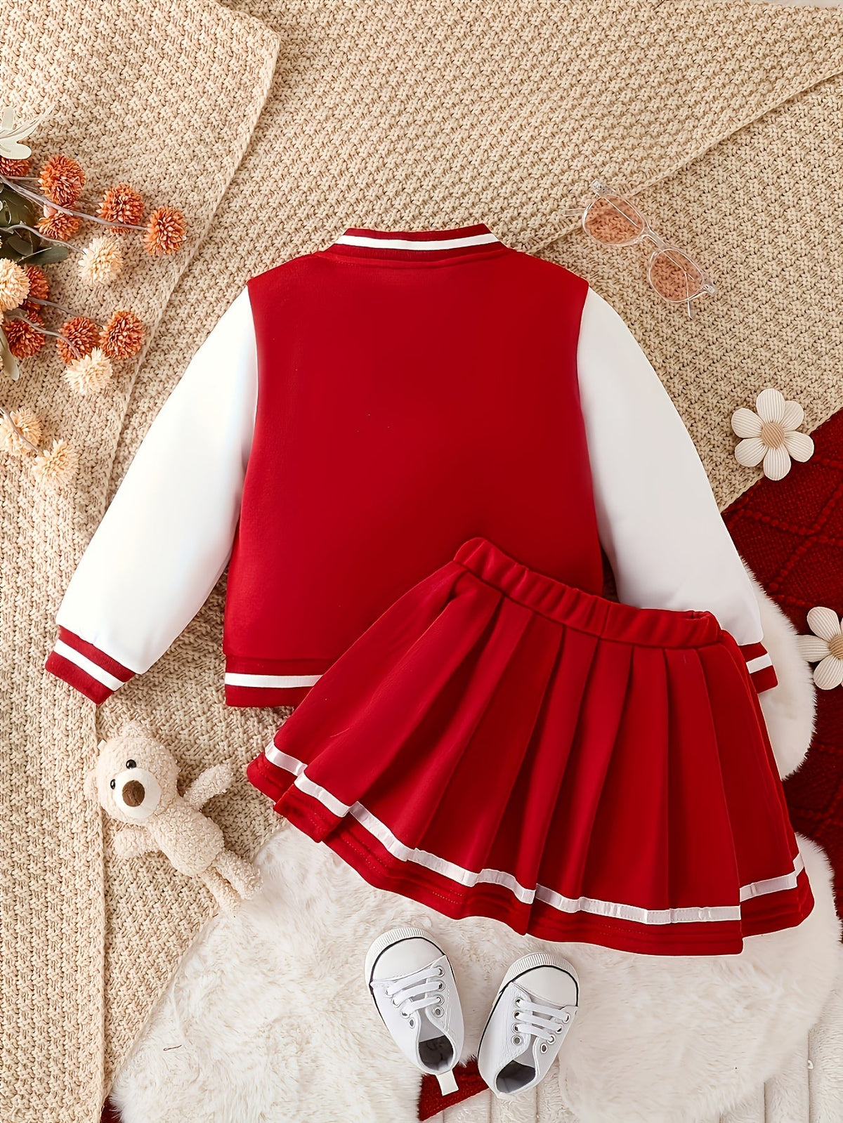 Girls' Varsity Skirt Set in Red and White with a Baby Girl Letter Jacket and an Elastic Waist Pleated Skirt