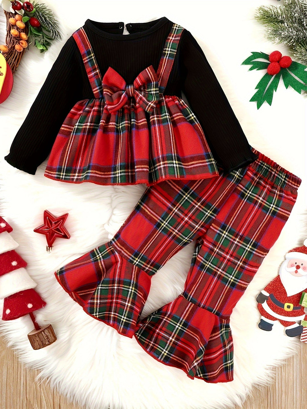 Baby Girls' Plaid Pants Set with a Bow-Front Peplum Top and Ruffled Hems for Festive Family Outfits