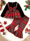 Baby Girls' Plaid Pants Set with a Bow-Front Peplum Top and Ruffled Hems for Festive Family Outfits