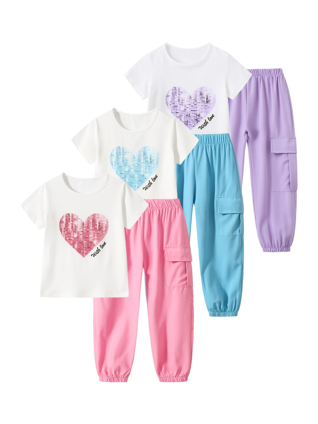 Girls' Heart Print Outfit Set of Three T-Shirts and Three Cargo Joggers for Coordinated Casual Wear