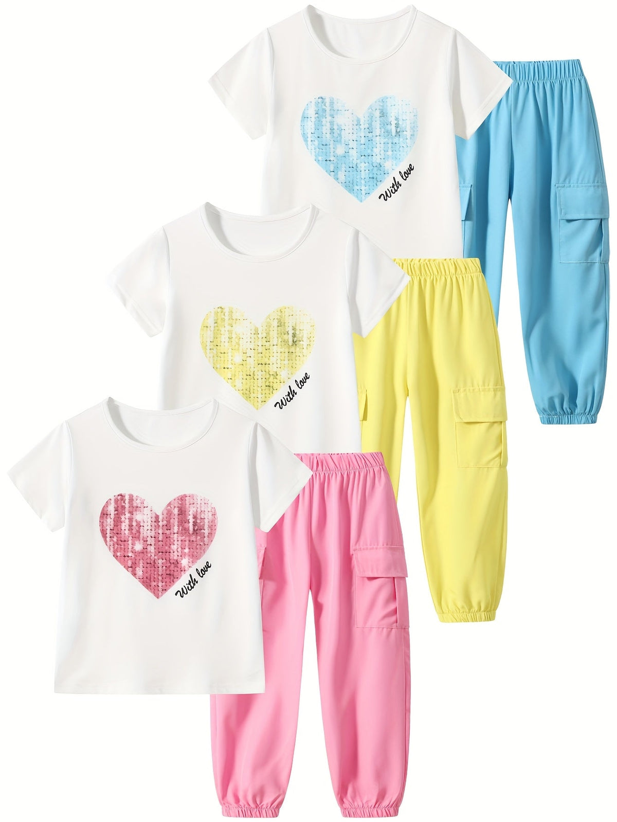 Girls' Heart Print Outfit Set of Three T-Shirts and Three Cargo Joggers for Coordinated Casual Wear
