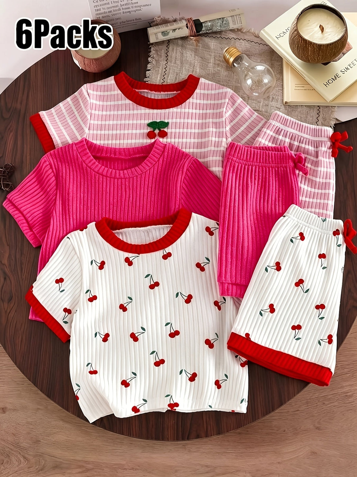 Girls' Cherry Print Top and Shorts Six Piece Set with Striped and Solid Coordinates for Summer Outfits