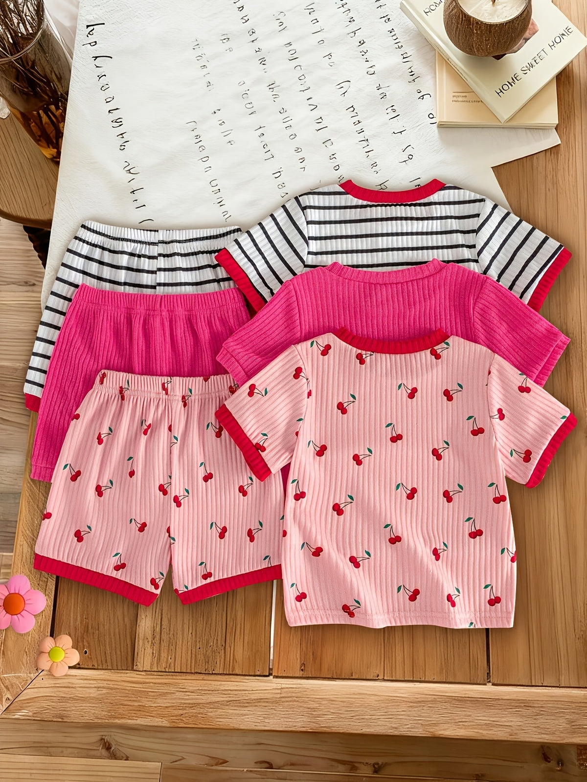 Girls' Cherry Print Top and Shorts Six Piece Set with Striped and Solid Coordinates for Summer Outfits