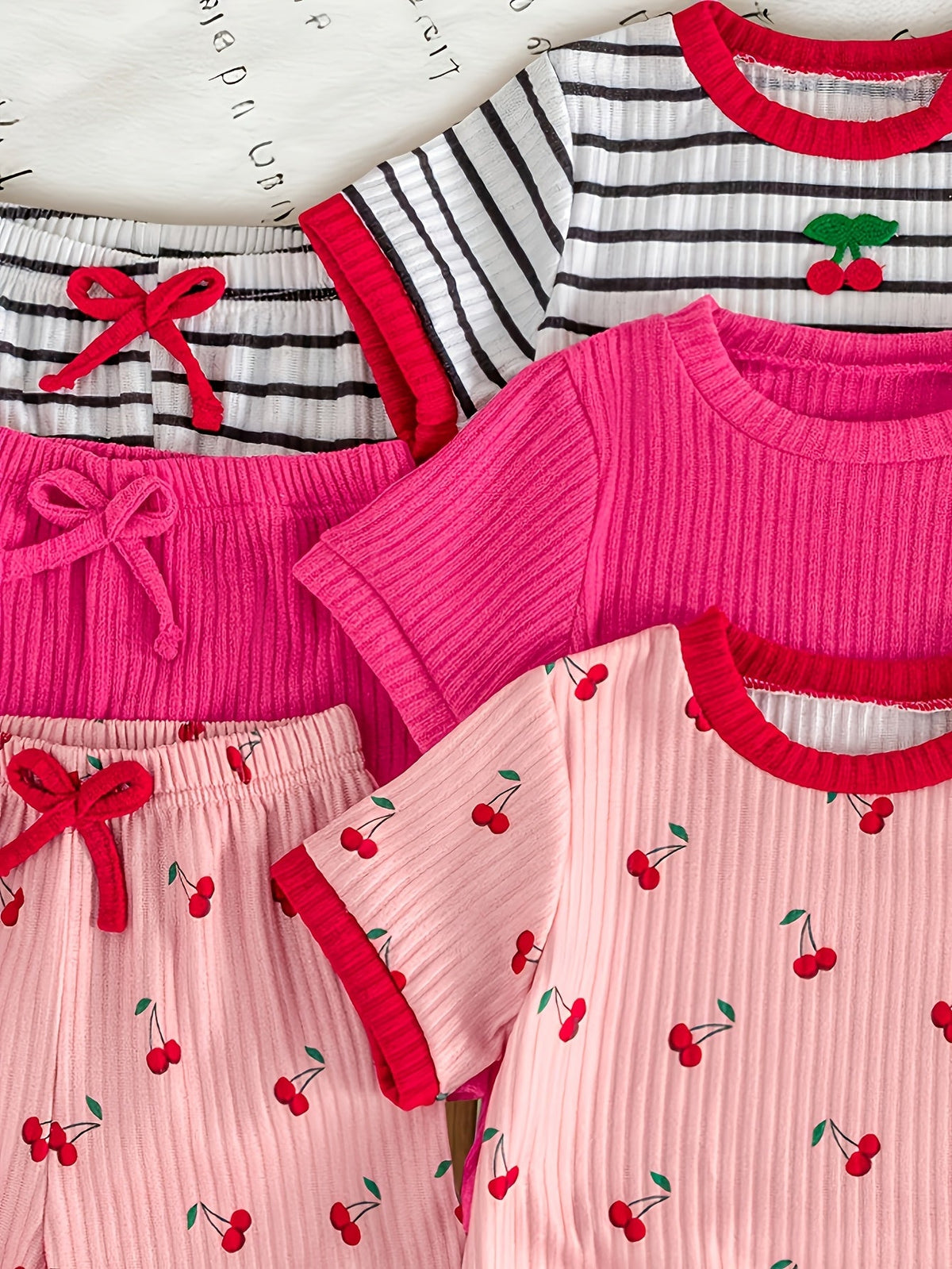 Girls' Cherry Print Top and Shorts Six Piece Set with Striped and Solid Coordinates for Summer Outfits