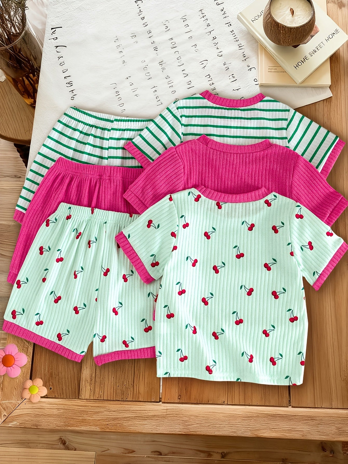 Girls' Cherry Print Top and Shorts Six Piece Set with Striped and Solid Coordinates for Summer Outfits
