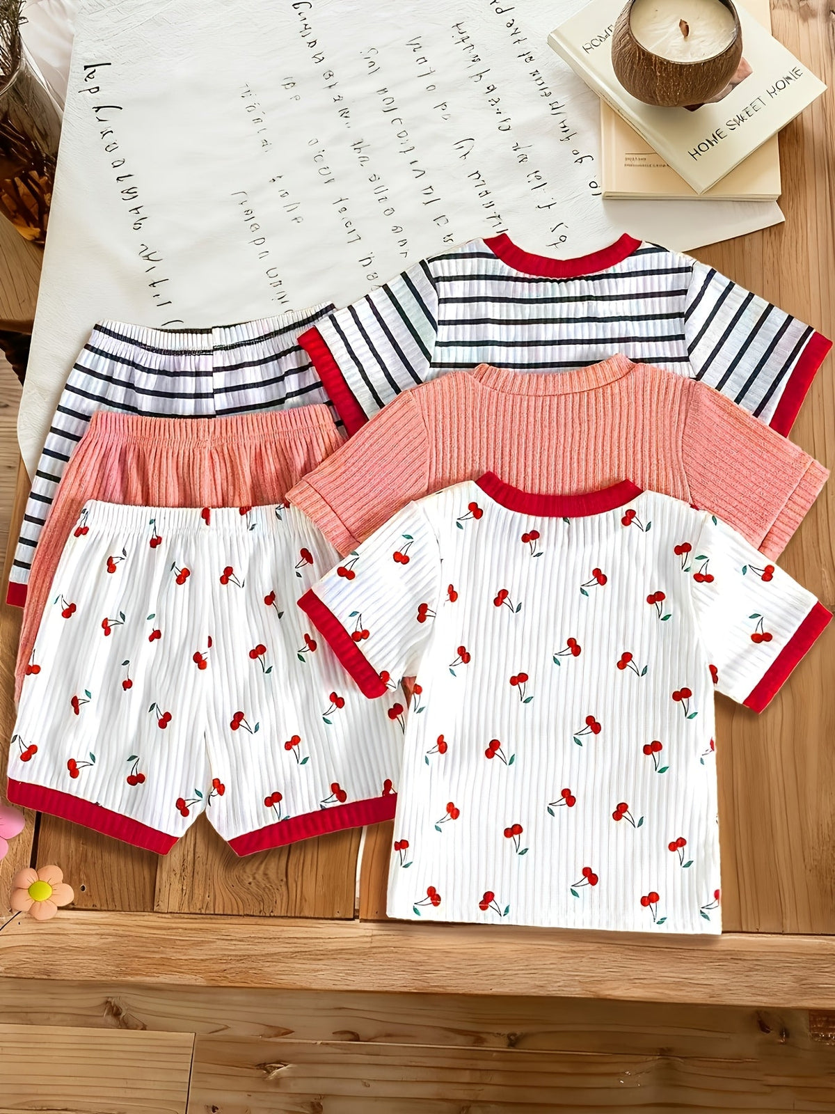 Girls' Cherry Print Top and Shorts Six Piece Set with Striped and Solid Coordinates for Summer Outfits