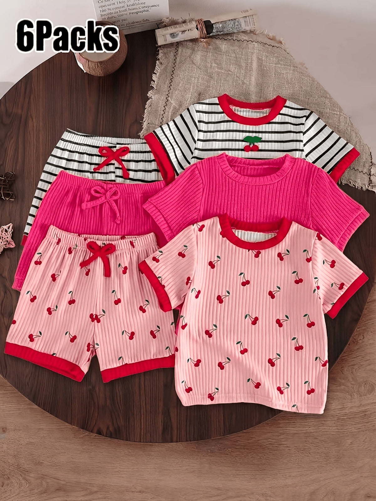Girls' Cherry Print Top and Shorts Six Piece Set with Striped and Solid Coordinates for Summer Outfits