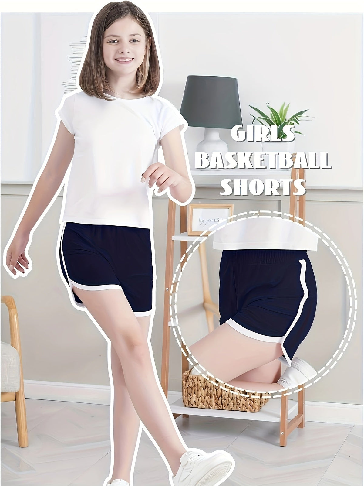 Girls' Athletic Shorts in a Random Six Piece Color Pack with White Contrast Trim and Curved Hems