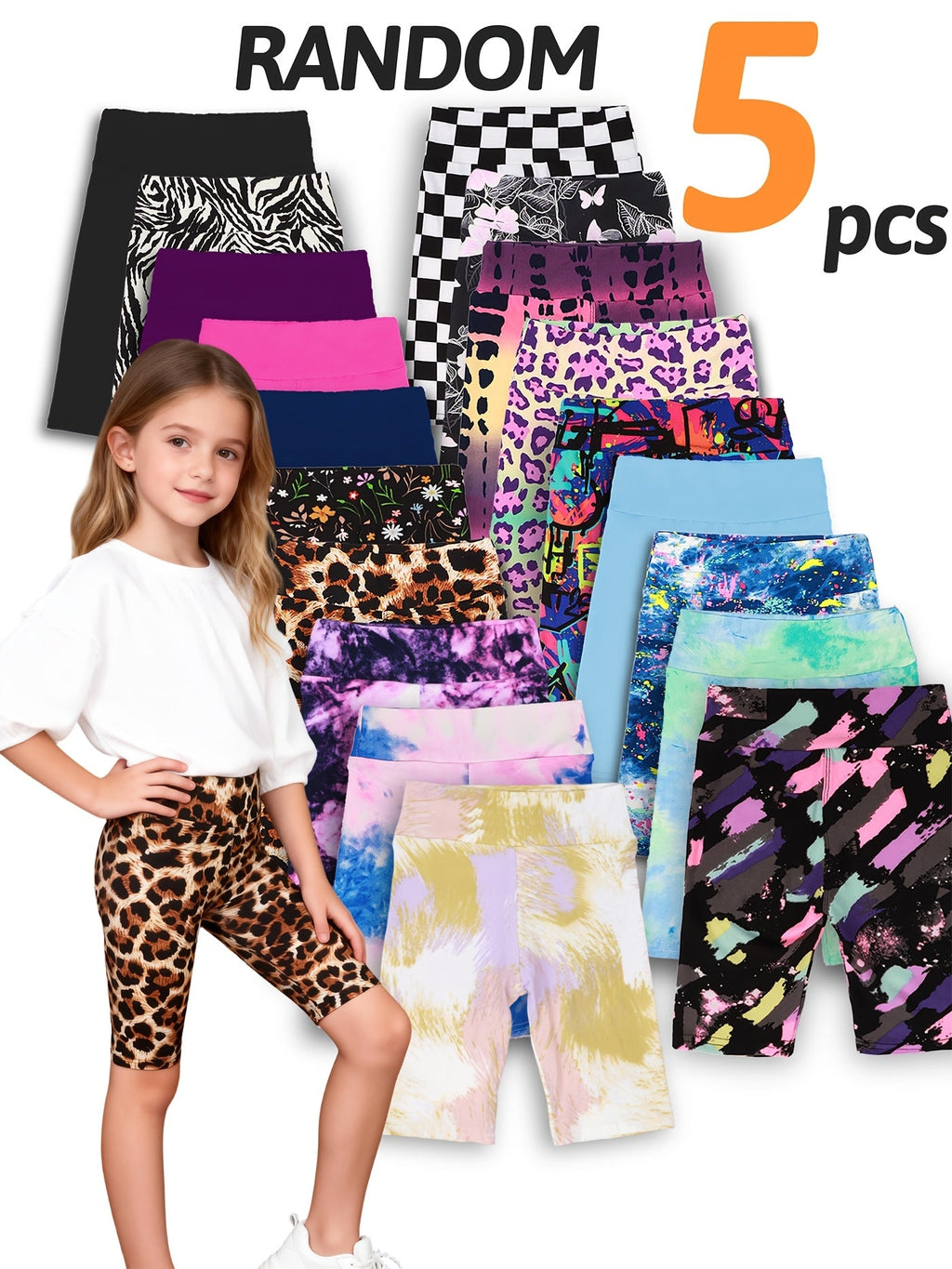 Girls' Printed Biker Shorts Five Pack in Random Patterns with Wide Waistbands for Everyday Layering