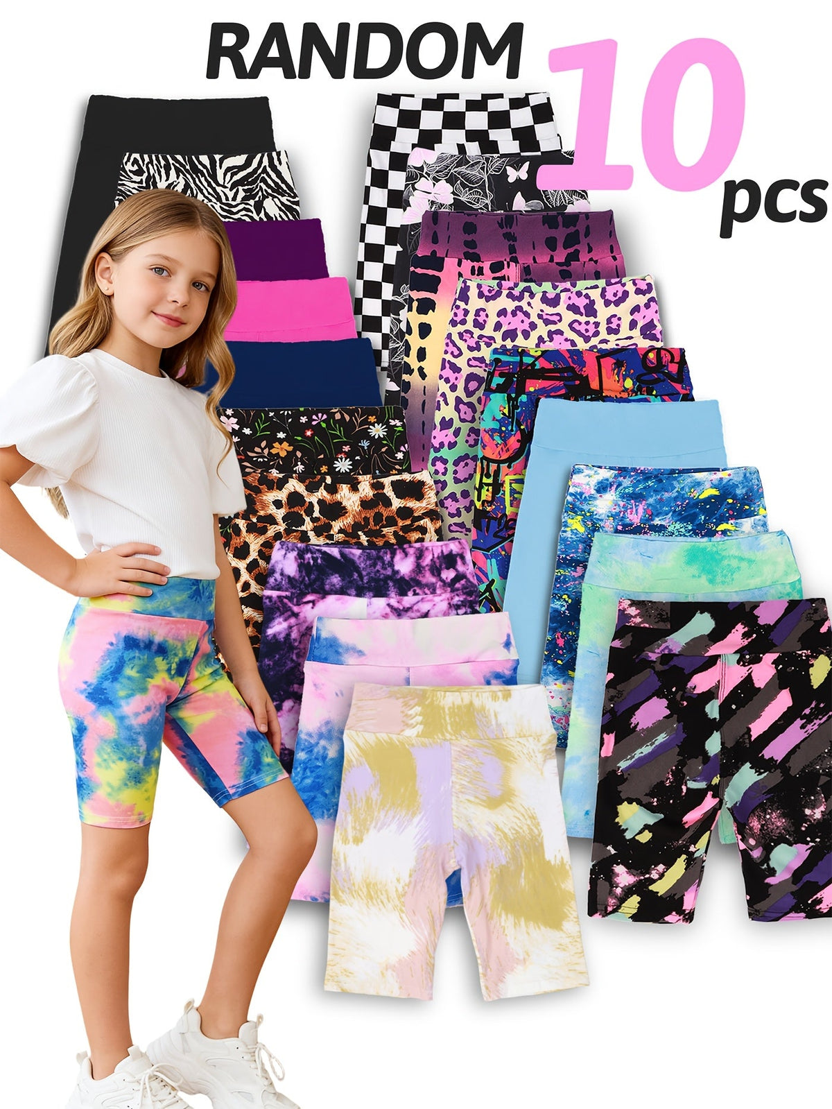 Girls' Printed Biker Shorts Five Pack in Random Patterns with Wide Waistbands for Everyday Layering