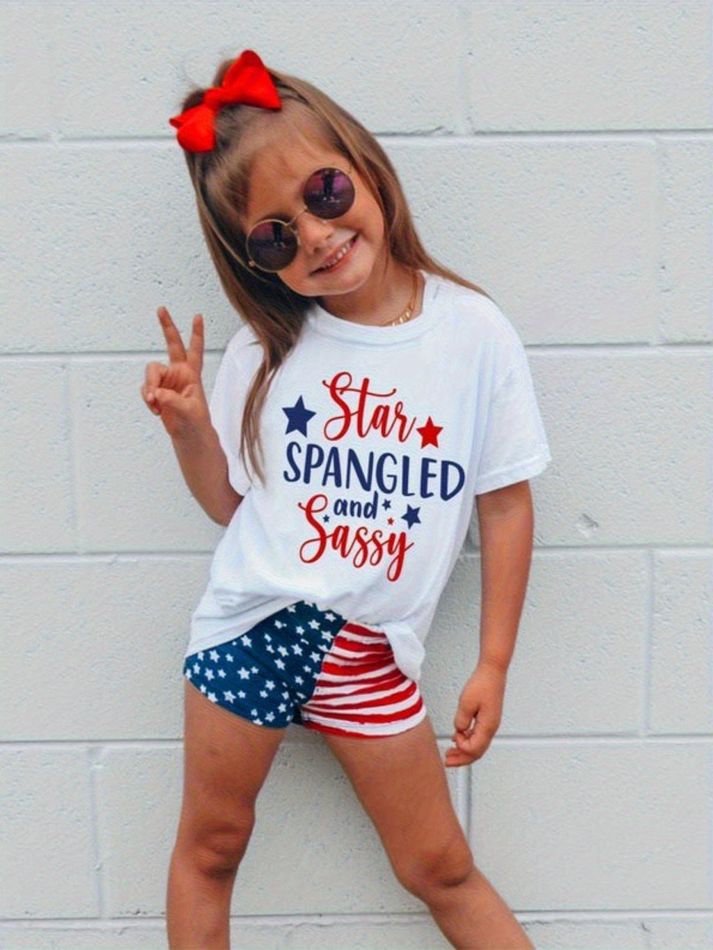 Girls' Patriotic T-Shirt in White Cotton with Star Spangled and Sassy Lettering for Fourth of July Outfits