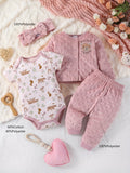 Baby Girl Bear Outfit Set with Pink Textured Cardigan and Pants Plus Animal Print Bodysuit and Headband