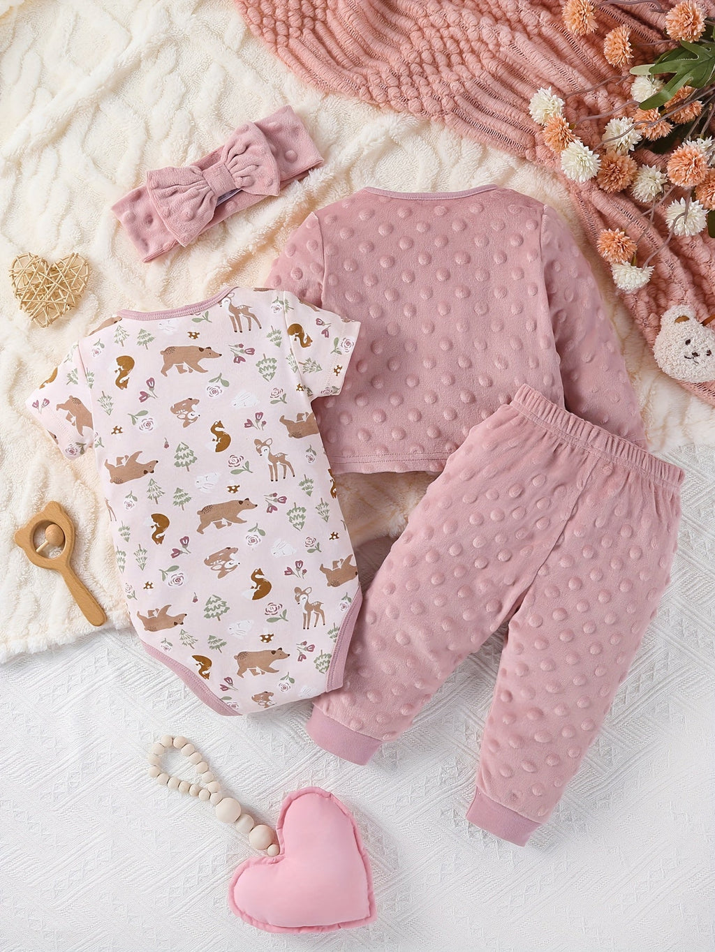 Baby Girl Bear Outfit Set with Pink Textured Cardigan and Pants Plus Animal Print Bodysuit and Headband