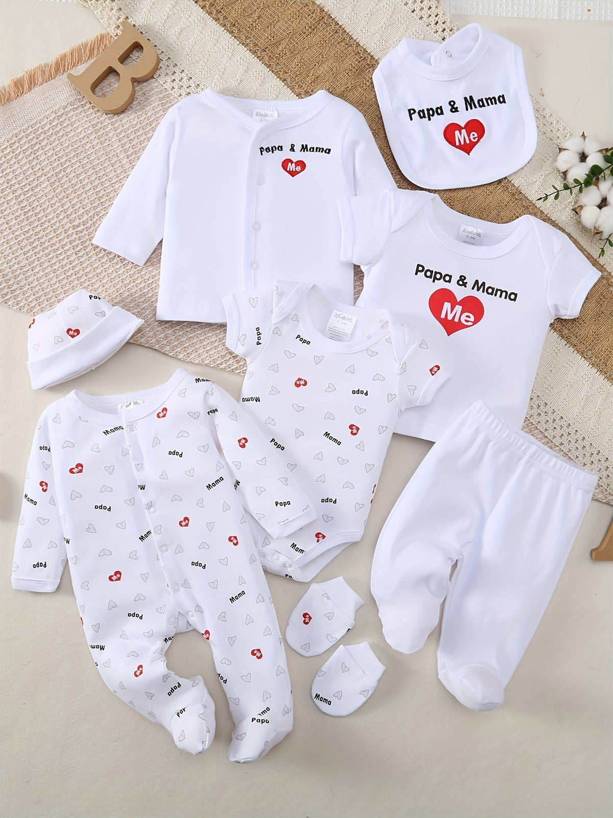 Baby Papa and Mama Heart Outfit Set in White with Coordinating Bodysuits and Footed Pieces for Daily Changes