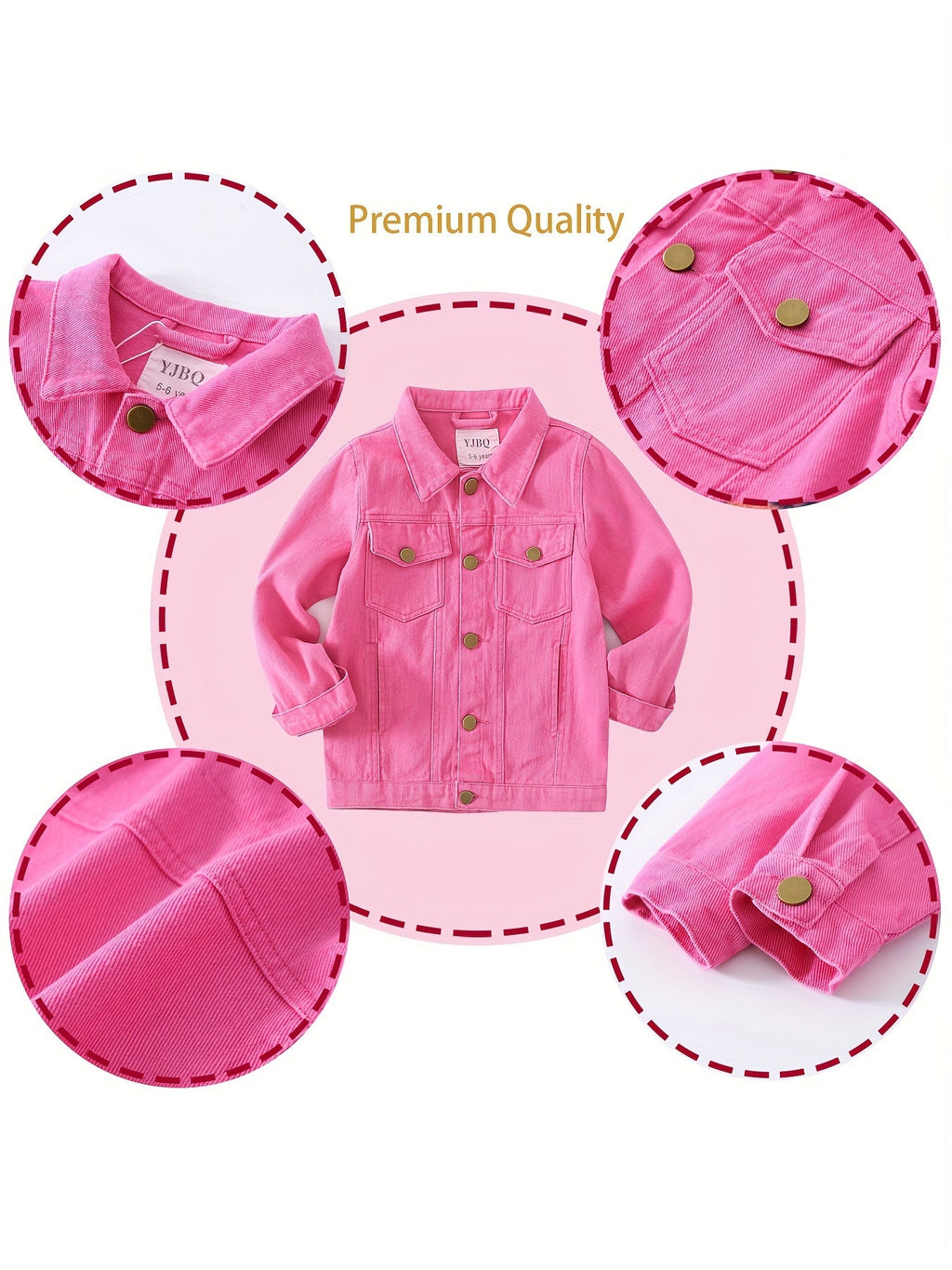 Girls' Rose Red Denim Jacket with a Button Front and Chest Pockets for Everyday School Outfit Layers