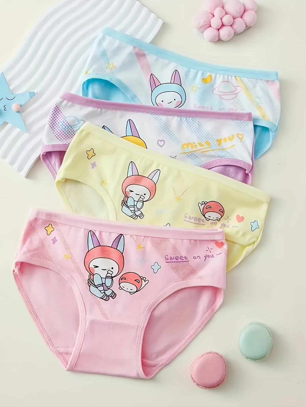 Girls' Cotton Bikini Briefs Eight Pack with Random Bunny and Panda Prints in Pastel Colors for Daily Wear