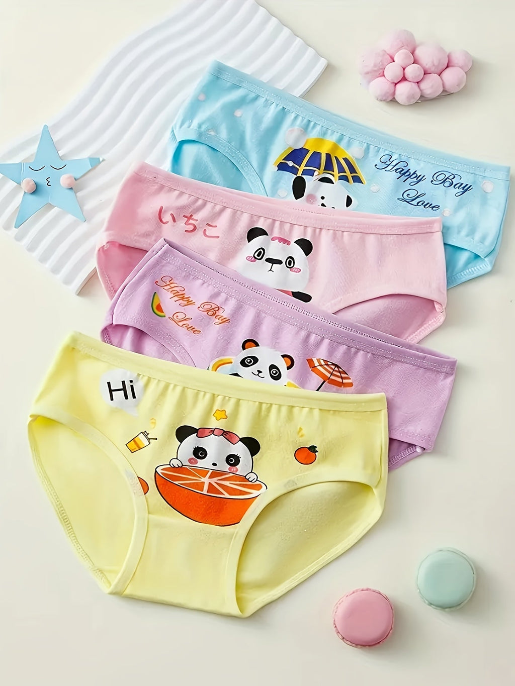 Girls' Cotton Bikini Briefs Eight Pack with Random Bunny and Panda Prints in Pastel Colors for Daily Wear