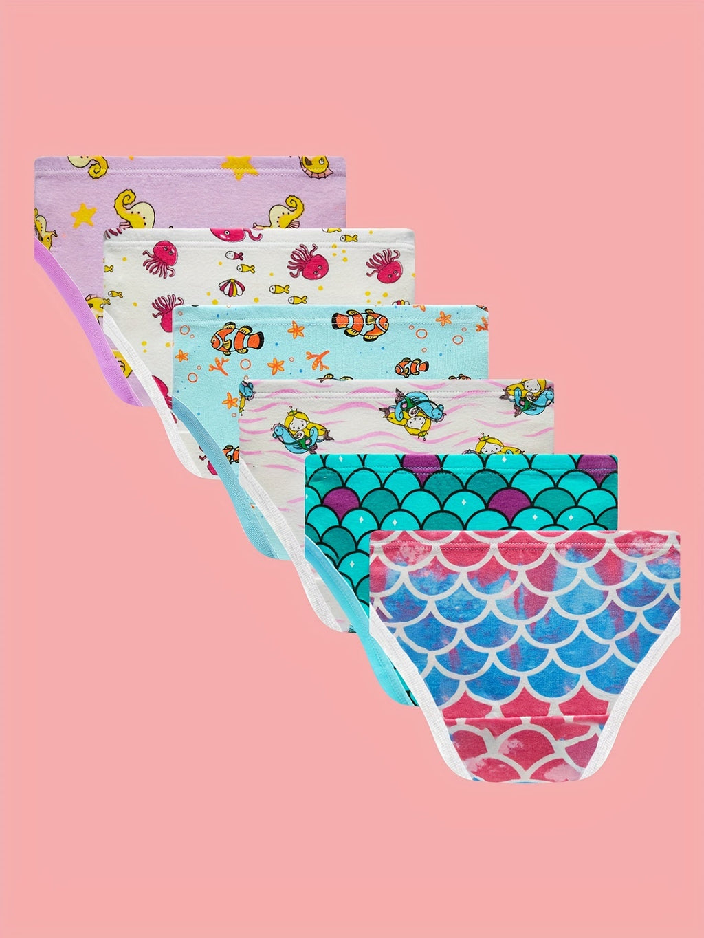 Girls' Ocean Print Briefs Six Pack with Mermaid Scales and Sea Animals for Colorful Everyday Underwear