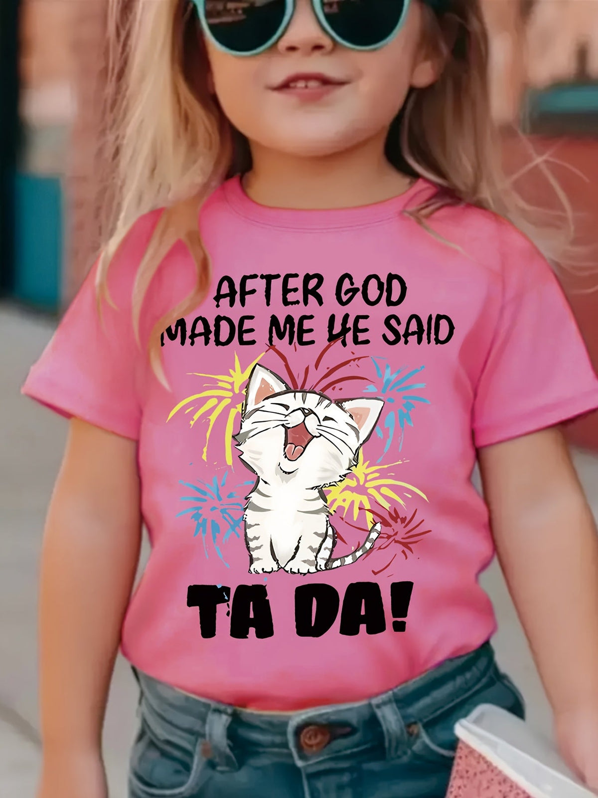 Girls' Pink Kitten Slogan T-Shirt with Short Sleeves and a Crew Neck for Playful Everyday Summer Outfits