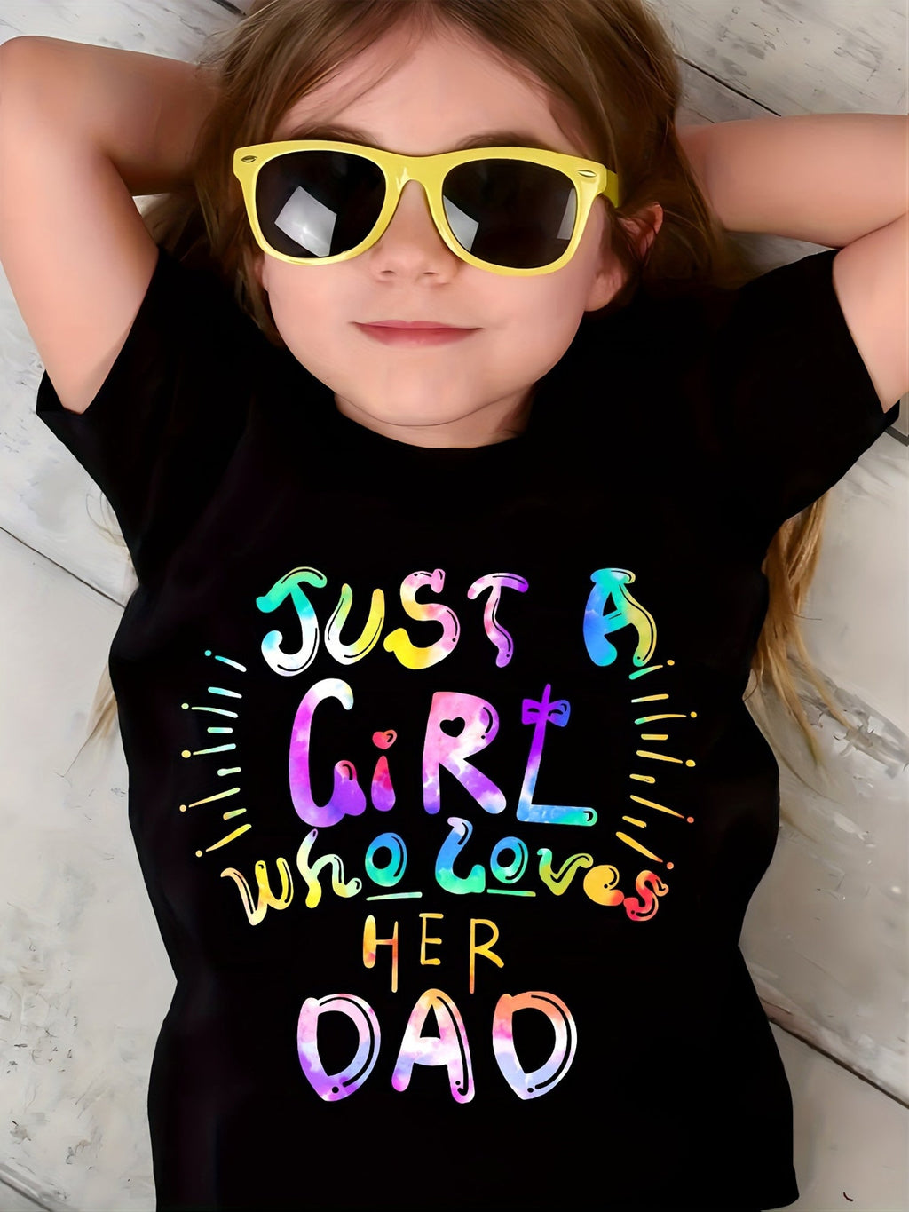 Girls' Just a Girl Who Loves Her Dad Graphic T-Shirt in Black with Colorful Lettering and Short Sleeves