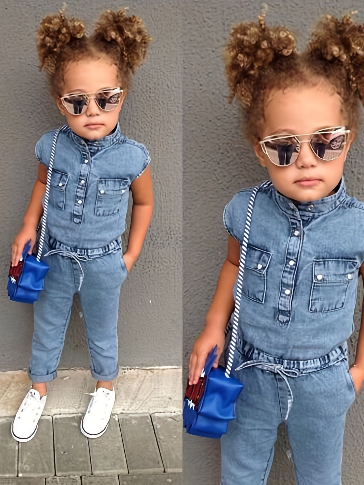 Girls' Blue Denim Jumpsuit with Chest Pockets and a Tie Waist for Collared Sleeveless Everyday Outfits
