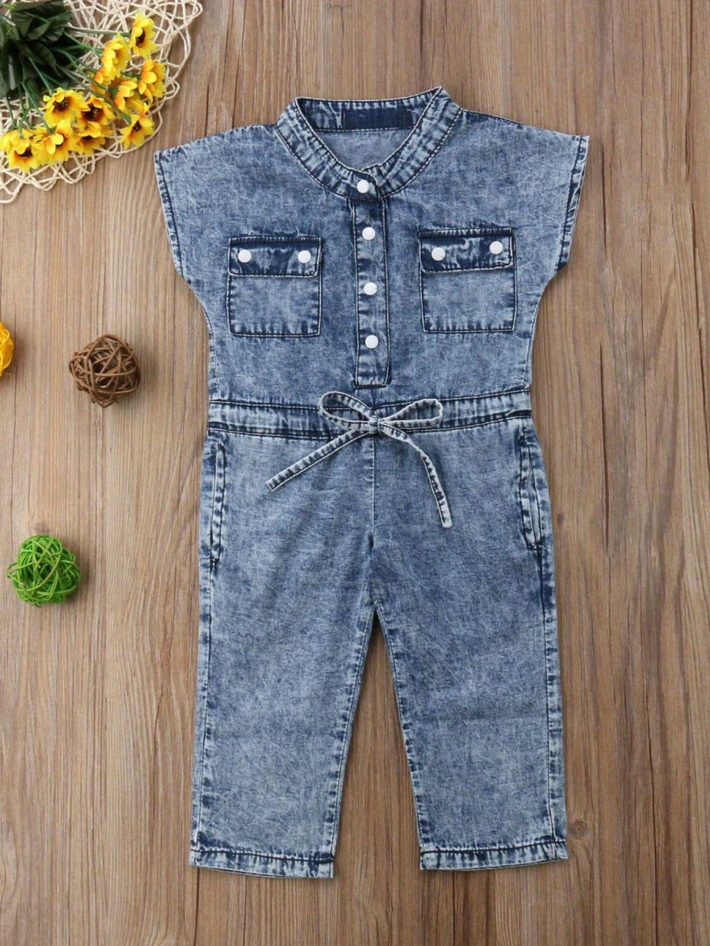Girls' Blue Denim Jumpsuit with Chest Pockets and a Tie Waist for Collared Sleeveless Everyday Outfits