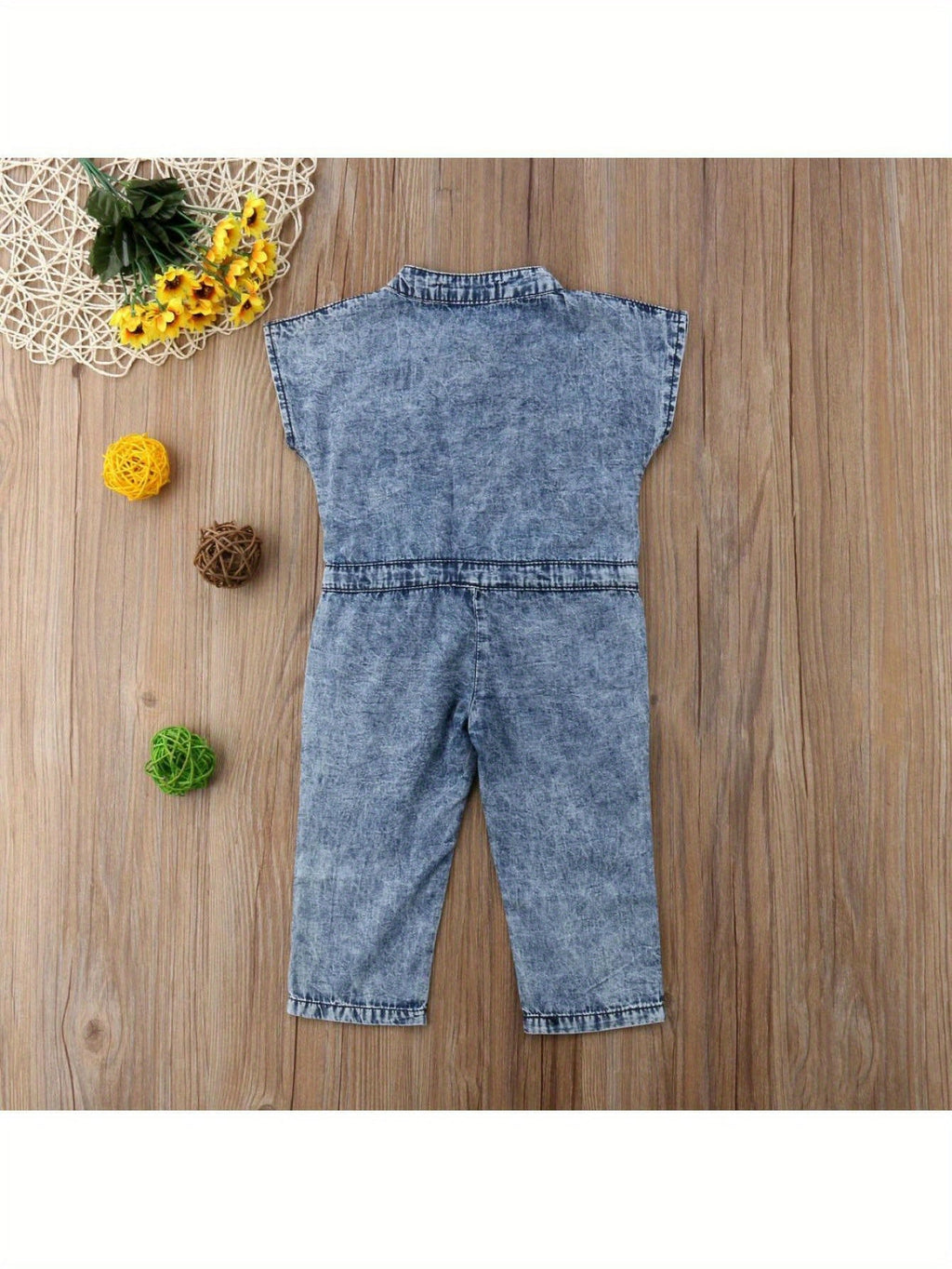 Girls' Blue Denim Jumpsuit with Chest Pockets and a Tie Waist for Collared Sleeveless Everyday Outfits