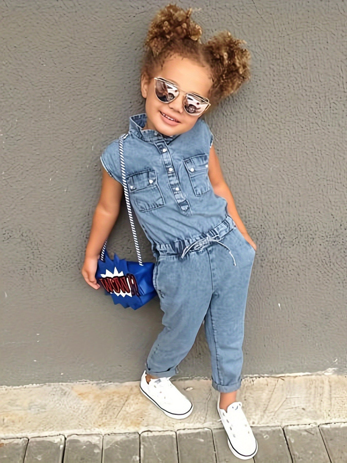 Girls' Blue Denim Jumpsuit with Chest Pockets and a Tie Waist for Collared Sleeveless Everyday Outfits