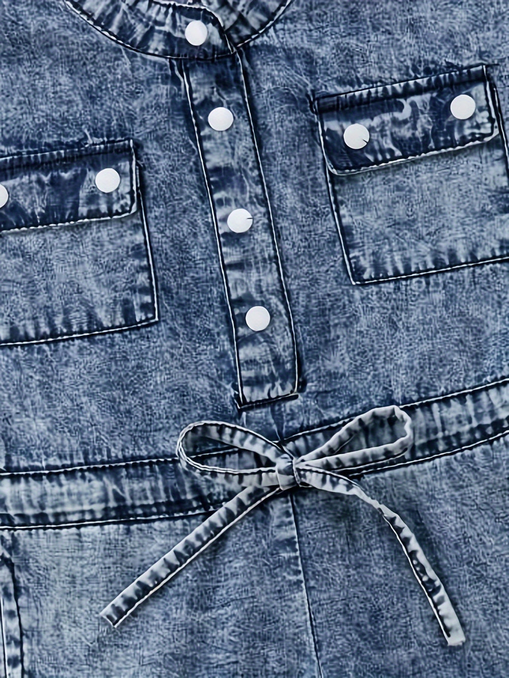 Girls' Blue Denim Jumpsuit with Chest Pockets and a Tie Waist for Collared Sleeveless Everyday Outfits