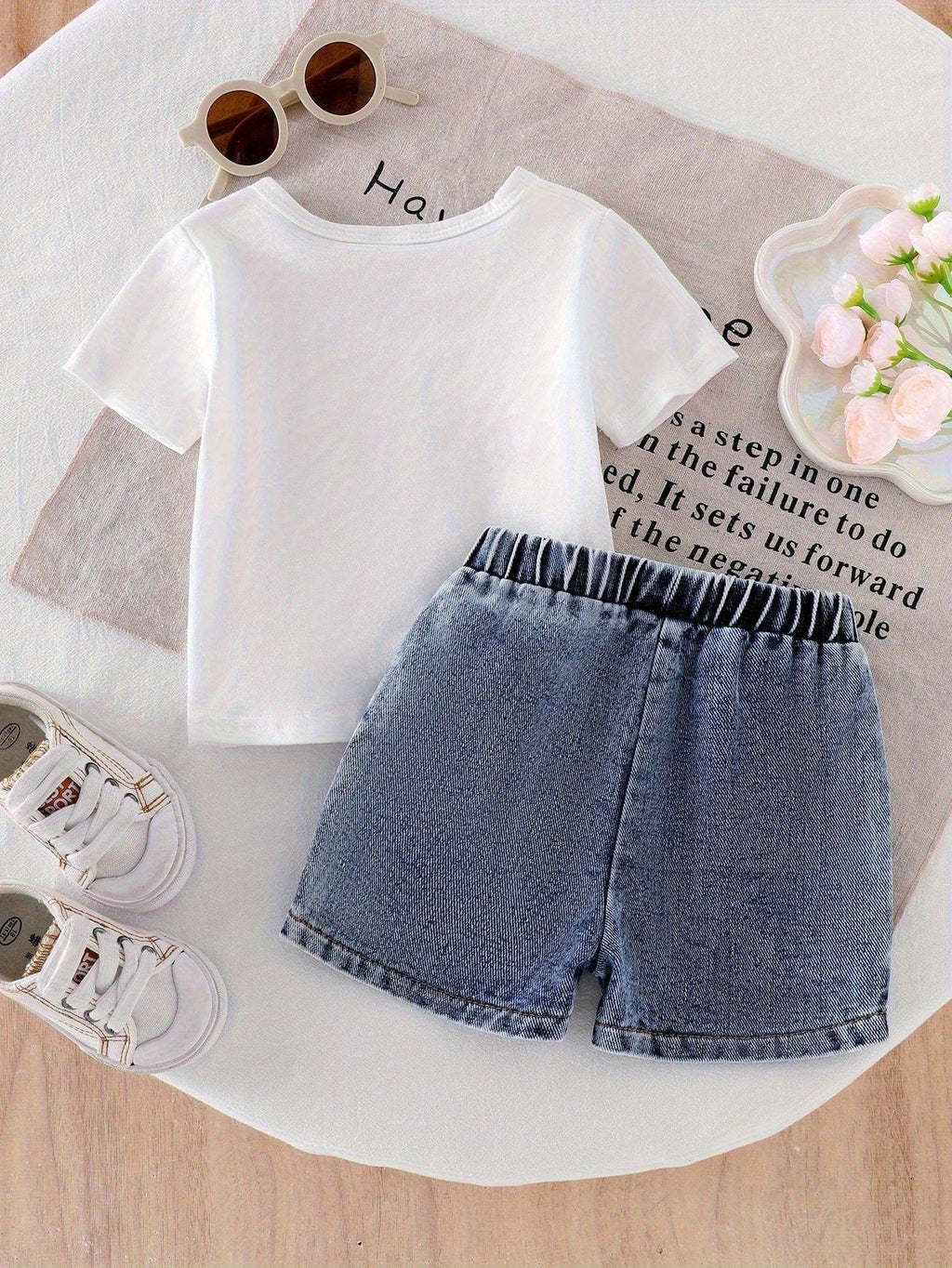 Baby Girls' Pink Bow T-Shirt and Denim Shorts Set with Matching Bow Details and an Elastic Waist