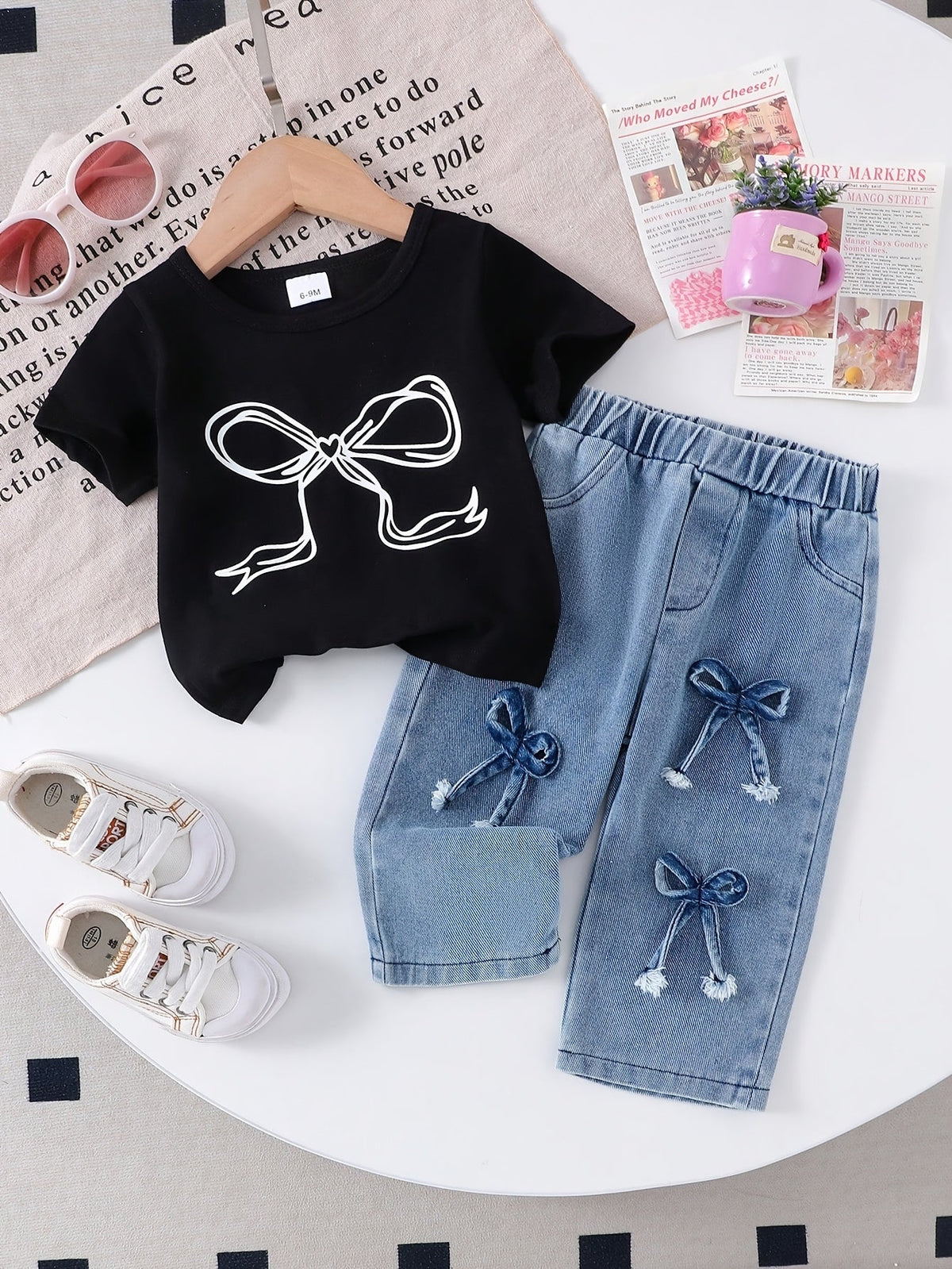 Baby Girls' Bow Outfit Set with a Black Short Sleeve T-Shirt and Blue Denim-Look Pants for Summer