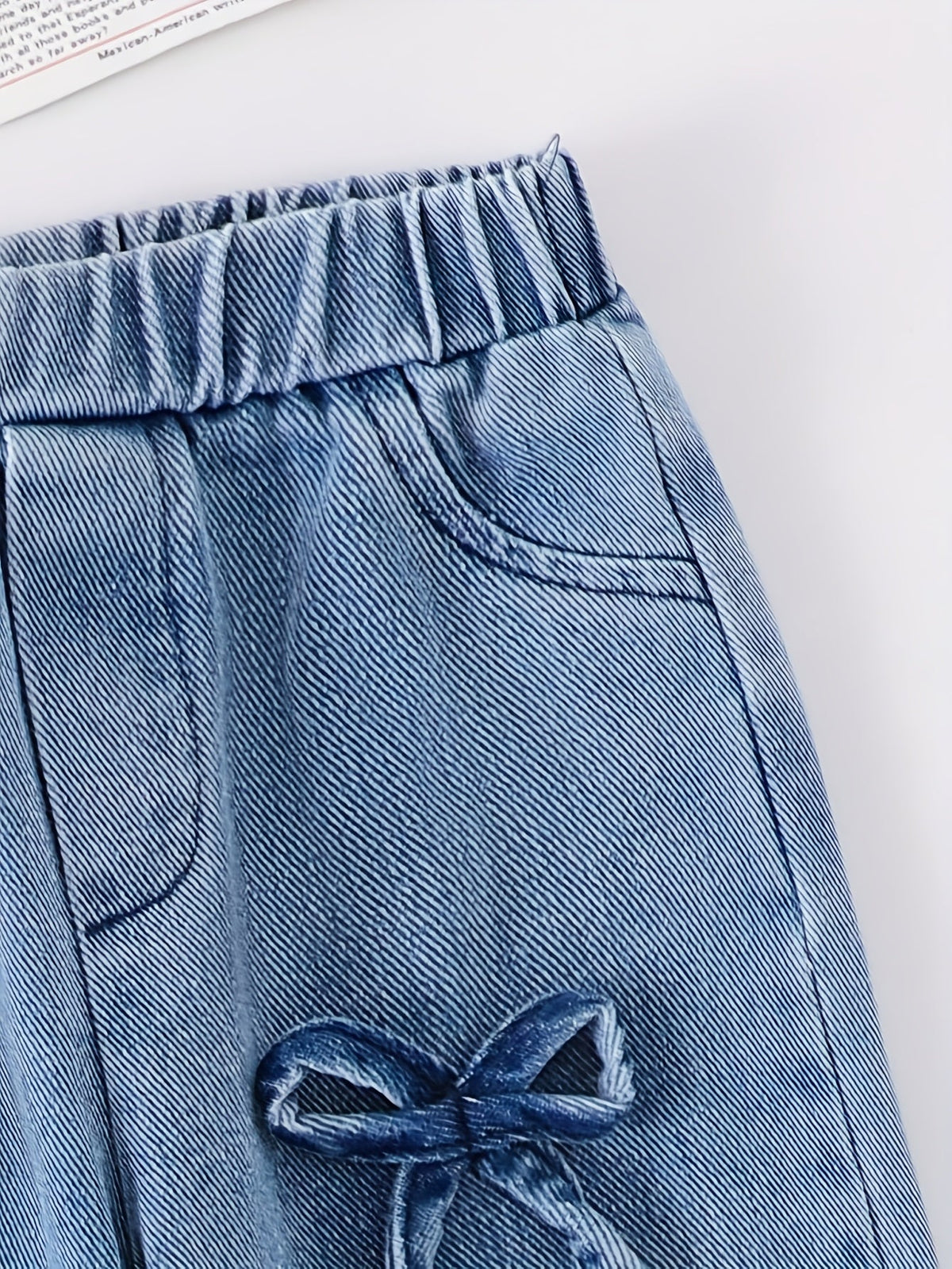 Baby Girls' Bow Outfit Set with a Black Short Sleeve T-Shirt and Blue Denim-Look Pants for Summer