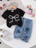 Baby Girls' Bow Outfit Set with a Black Short Sleeve T-Shirt and Blue Denim-Look Pants for Summer
