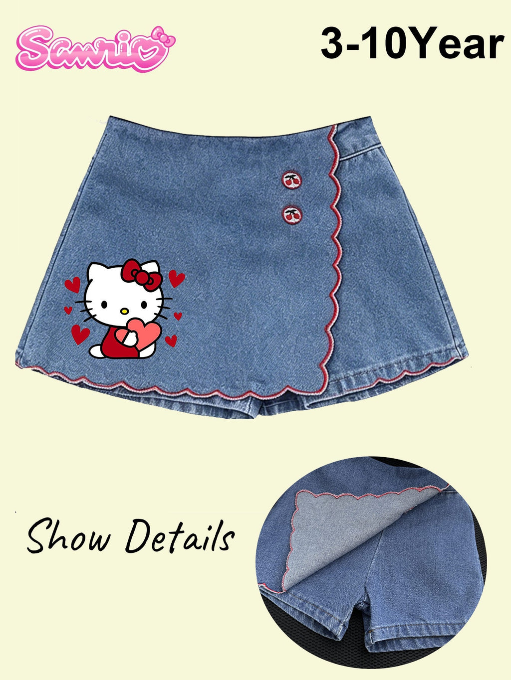 Girls' Hello Kitty Skort Set with a Red Collar Sleeveless Top and Blue Denim Bottom for Summer Days