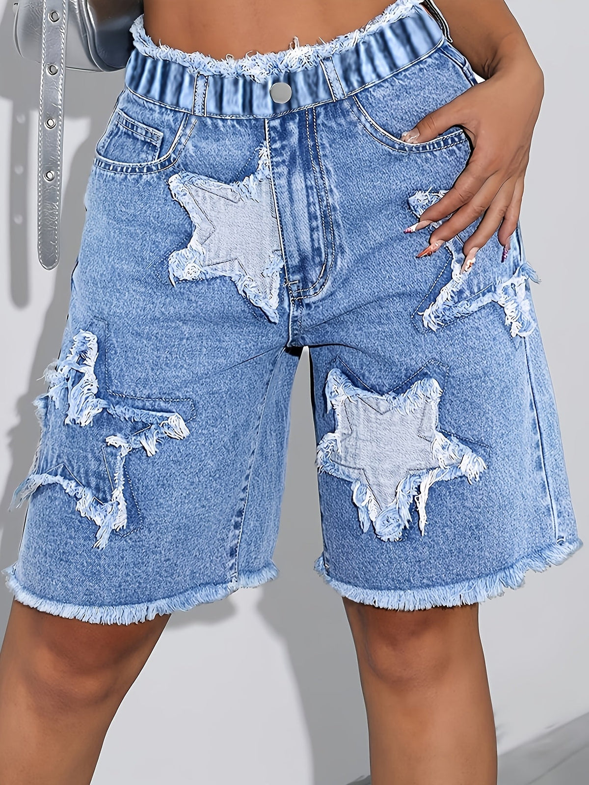 Girls Denim Shorts with Star Patches and Frayed Hems in Blue for Casual Summer and Weekend Outfits