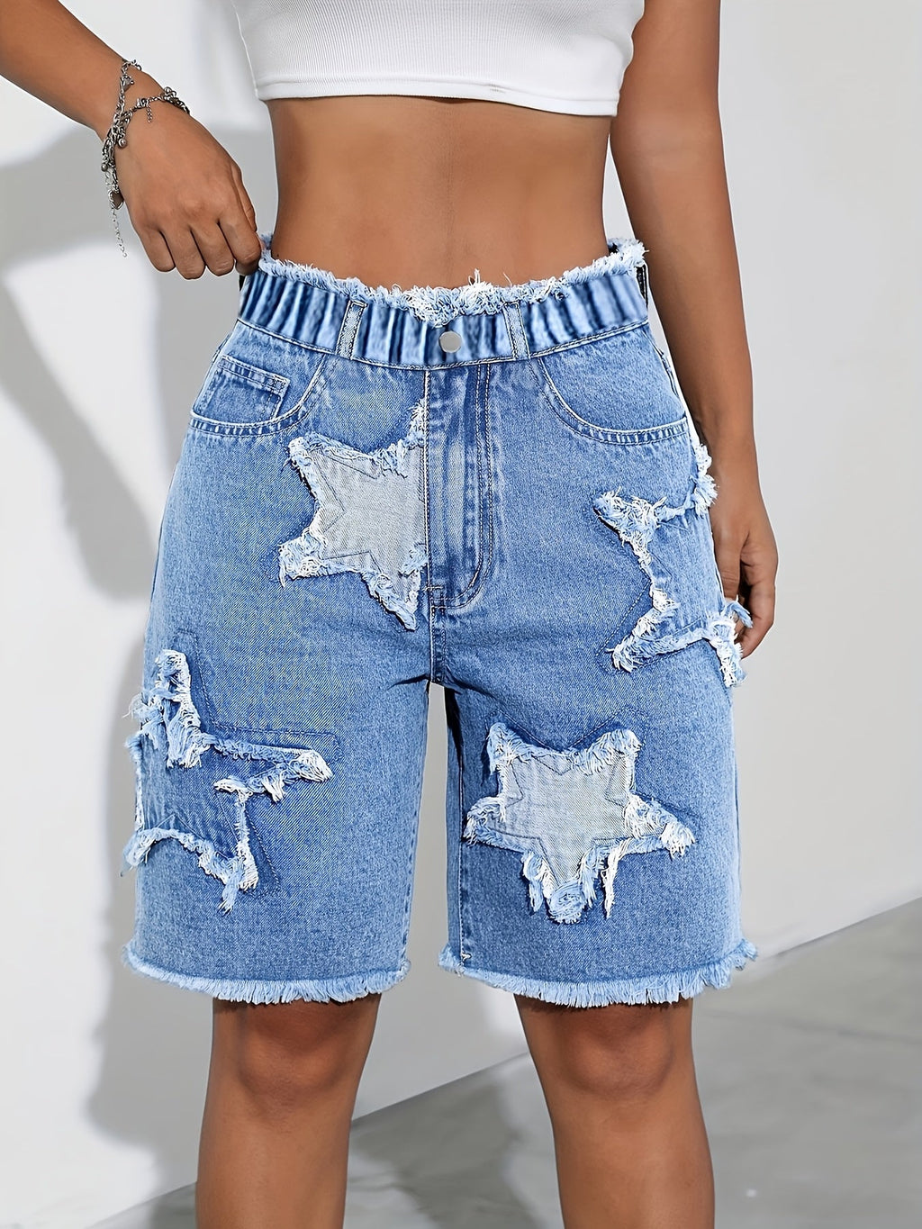 Girls Denim Shorts with Star Patches and Frayed Hems in Blue for Casual Summer and Weekend Outfits